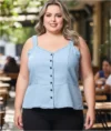 Blusa Jeans Plus Size - Blusa Feminina Jeans Razon Babado Verão
