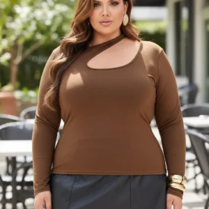 blusa feminina plus size manga longa marrom - Blusa Feminina Plus Size Marrom Manga