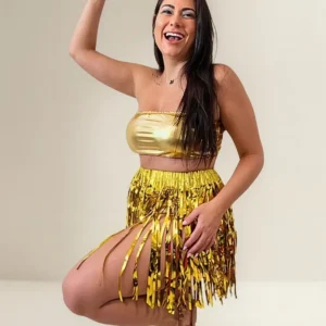 Conjunto Carnaval 3 Peças – Top + Hot Pant + Saia Metalizada