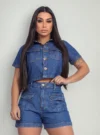 Conjunto Jeans Feminino - Conjunto Jeans cropped Taue