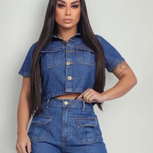 conjunto jeans feminino - Conjunto Jeans Feminino Taue Bolso Frontal