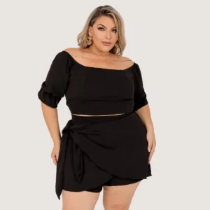 Conjunto Plus Size Short Saia + Cropped Manga Curta Elegante