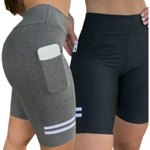 Kit 2 Bermuda Fitness Feminina C Bolso Para Celular Academia