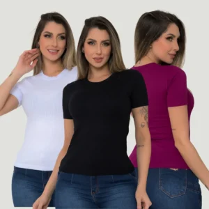 Kit 3 Blusinha Baby Look Canelada Basic Gola Redonda Casual