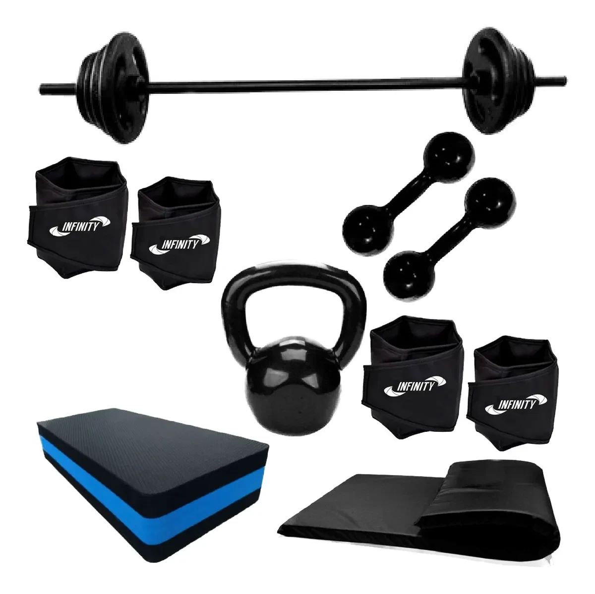 Kit Barra + Peso + Halter + Step + Caneleira + Colchonete Kit Barra + Peso + Halter + Step + Caneleira + Colchonete
