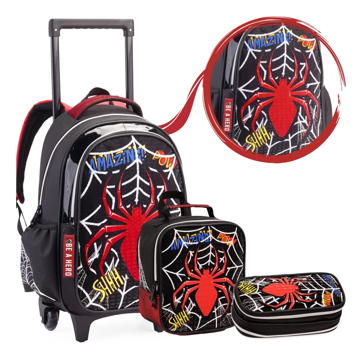 Kit Mochila Escolar com Rodinhas Aranha Denlex: Melhor Preço e Frete Grátis! mochila escolar com rodinhas - Kit Mochila Rodinha Lancheira E Estojo