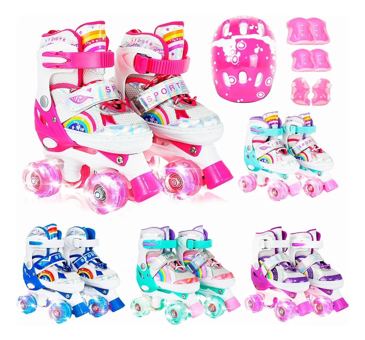 Patins Infantil 4 Rodas Arco Iris BT SHOP: Promoção com Proteção e LED! Patins Infantil 4 Rodas - Patins Infantil 4 Rodas Arco Iris