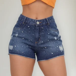 Short Jeans Feminino Strass - Short Jeans Prirre Jeans Strass Cintura