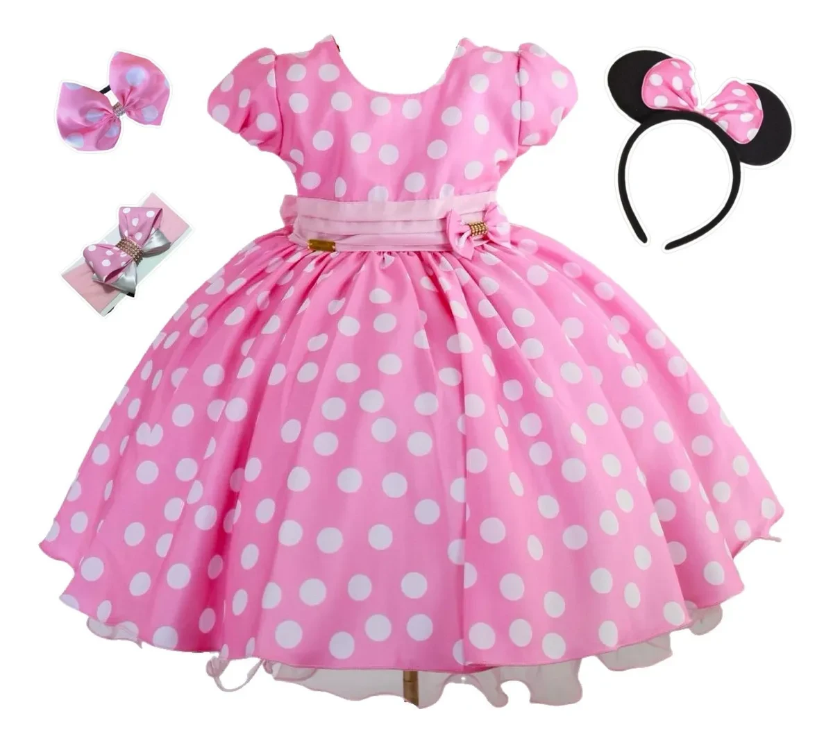 Vestido Infantil da Minnie Rosa Luxo + 3 Tiaras | Frete Grátis Vestido Infantil Minnie - Vestido Infantil Minnie Rosa Luxo