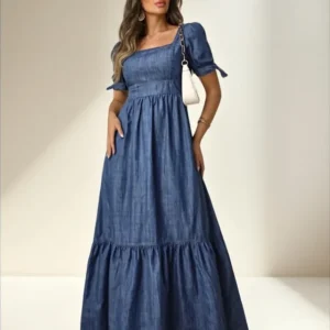 Vestido Jeans Longo Rodado Soltinho Com Laço Na Manga Lastex