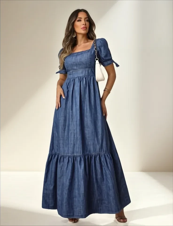 Vestido Jeans Longo Rodado Prirre Jeans: Desconto e Frete Grátis! Vestido Jeans Longo - Vestido Jeans Prirre Jeans Longo Rodado
