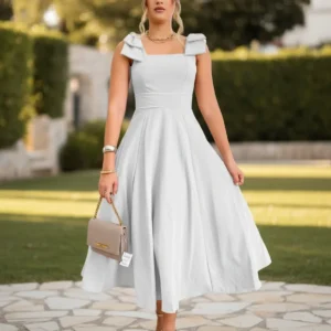 Vestido Longo De Linho Forrado Com Lacinho No Ombro Bojo