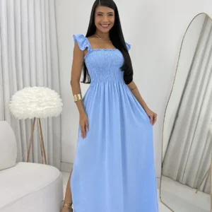 Vestido Longo Feminino Casual Lastex Alcinha Fenda Barato