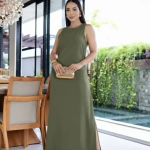 vestido longo com fenda - Vestido Longo Palomeque Moda Feminina com