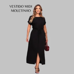 Vestido Moletinho Bolso Feminino Midi Fenda Forrado Adulto