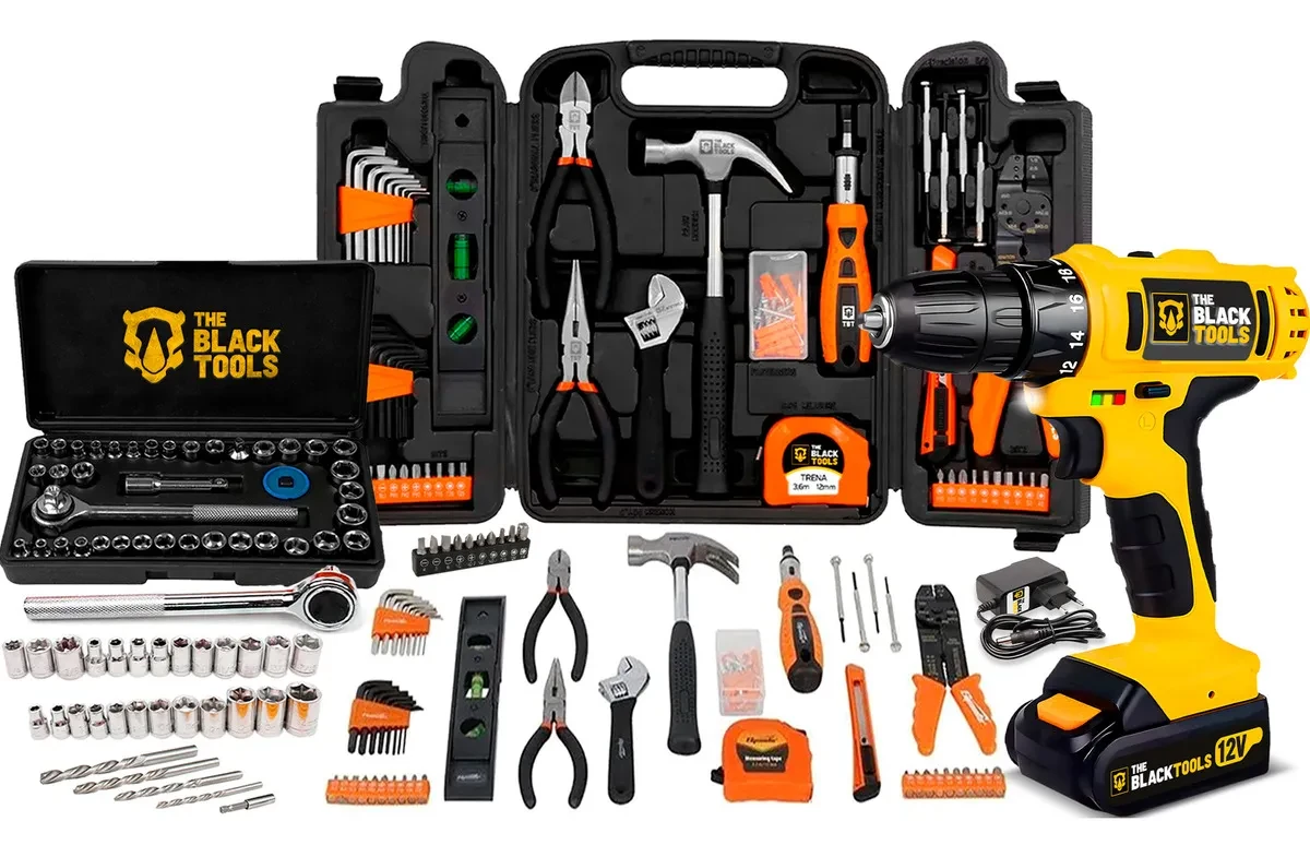 Jogo de Ferramentas 169 Peças com Furadeira e Parafusadeira The Black Tools - Melhor Preço! Jogo de Ferramentas - Jogo De Ferramentas The Black Tools