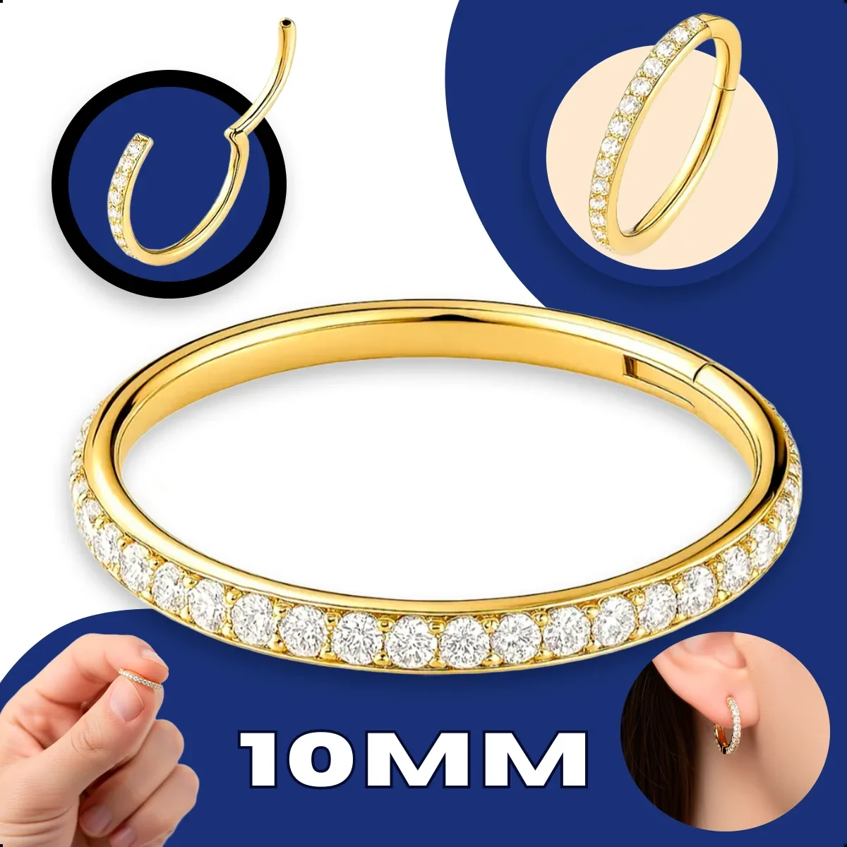 Piercing Titânio Argola Click 10mm Dourado Addiesdive®: O Melhor Preço! Piercing de Titânio - Piercing Titânio Argola Click Cravejada Addiesdive