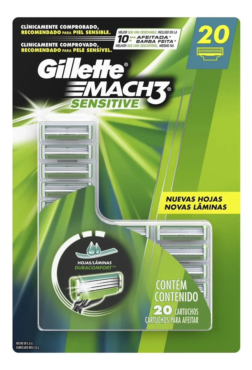 Desconto! Carga Original Gillette Mach3 Sensitive 20 Unidades - Frete Grátis Gillette Mach3 Sensitive - Carga para Lâmina de Barbear Gillette