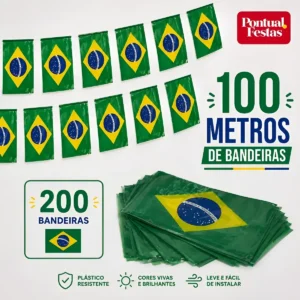 Varal Bandeirinhas Brasil Plástico 20x16cm Copa, Pontual Festas, Decoração Patriótica