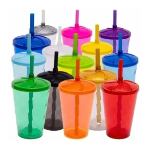 20 Copos Plástico Acrílico 300ml Aniversário Tampa e Canudo Coloridos
