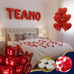 400 Pétalas + 15 Balões Coração + Te Amo + Fitilho + 10 Vela
