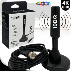 Antena Digital 4k Hd Interna Externa Para Tv Samsung LG Smart Led Lcd 3d Uhf Cabo Longo Com Base Magnética Preto