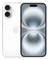 Apple iPhone 16 (128 GB) Branco com frente e verso exibidos em fundo minimalista