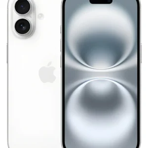 Apple iPhone 16 (128 GB) Branco com frente e verso exibidos em fundo minimalista
