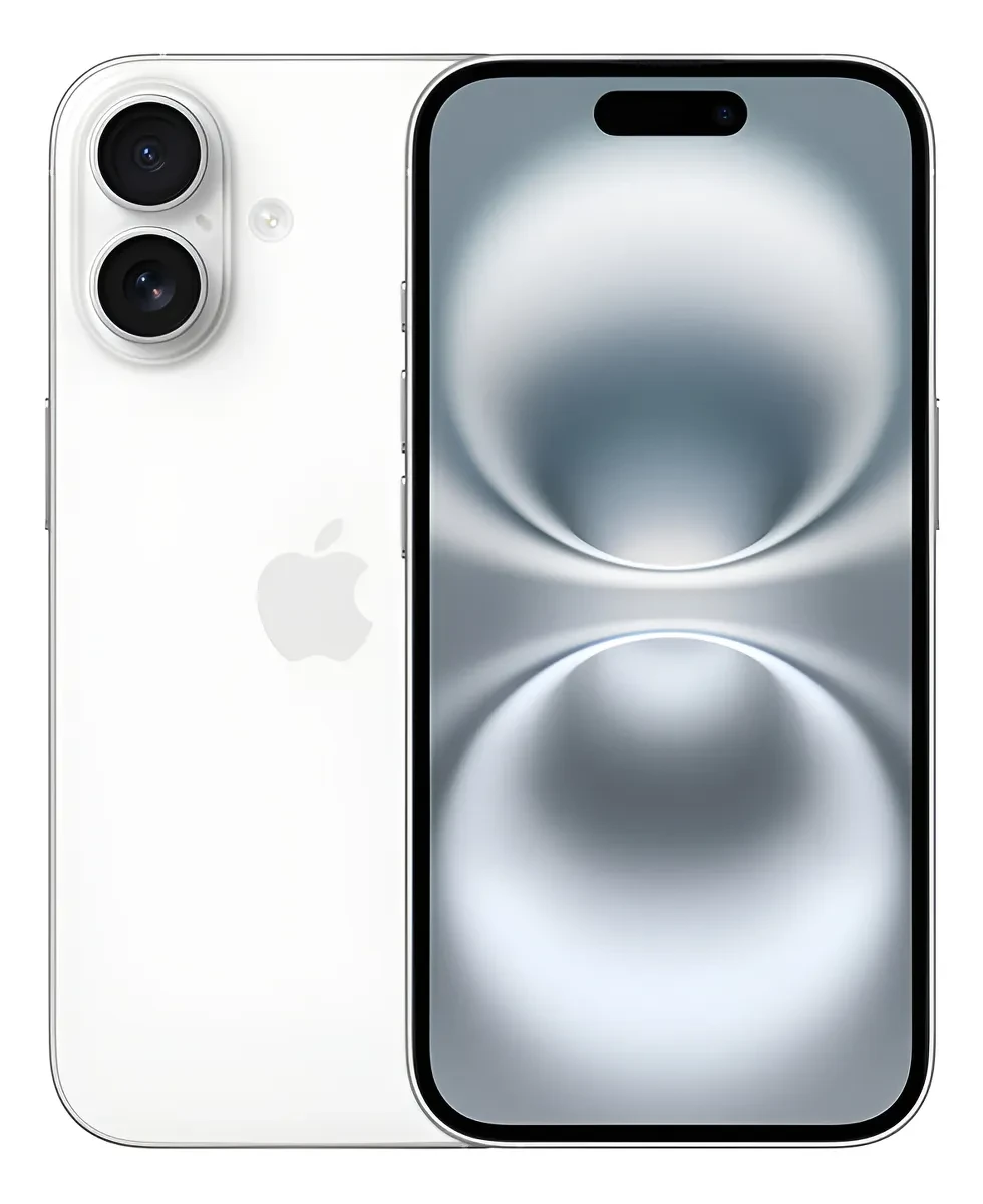 iPhone 16 Apple (128 GB) Branco Original Frete Grátis Apple iPhone 16 (128 GB) Branco com frente e verso exibidos em fundo minimalista