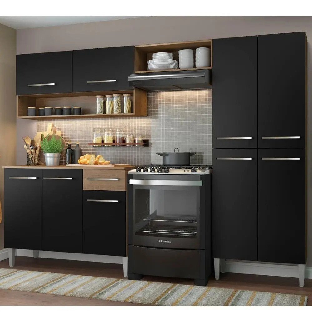 Promoção Armário Cozinha Modulada Completa Emilly Pop Madesa Rustic/Preto Armário de Cozinha Modulada Completa Compacta Emilly Pop com Armário e Balcão Rustic/Preto Madesa