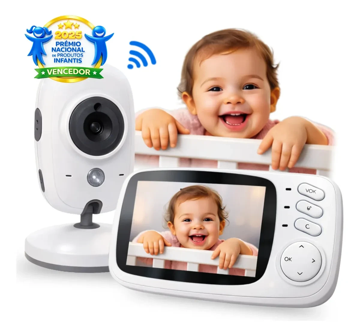 Baba Eletronica Visão Noturna VB603 Video Voz Camera S/ Fio Melhor Preço Baba Eletronica Visão Noturna VB603 com tela de 3.2" e câmera sem fio branca