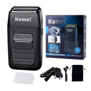 Barbeador Elétrico Kemei Km-1102 Preto USB Aço Inoxidável Recarregável