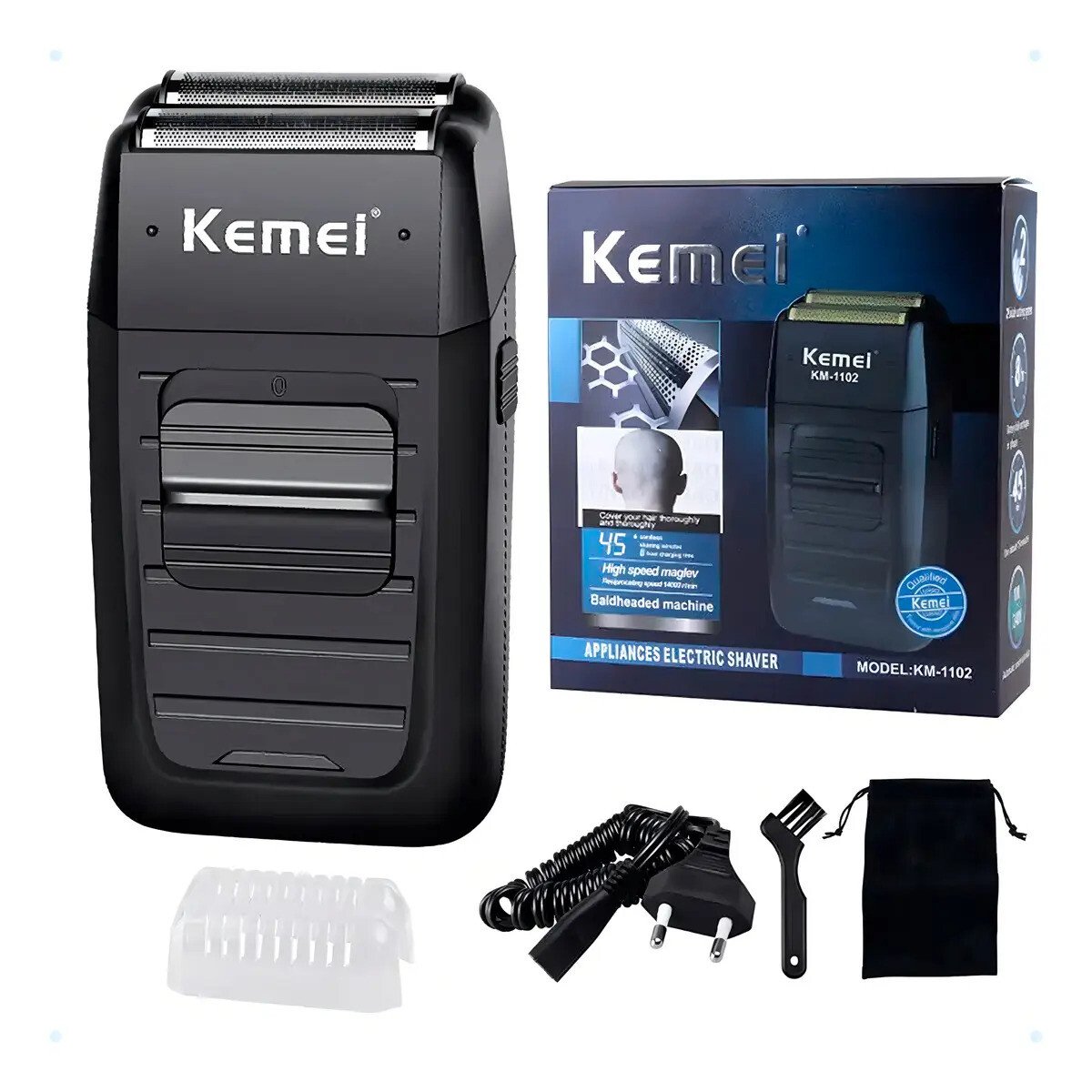 Barbeador Kemei Km-1102 Preto Máquina de Barbear USB Oferta Barbeador Elétrico Kemei Km-1102 Preto USB Aço Inoxidável Recarregável