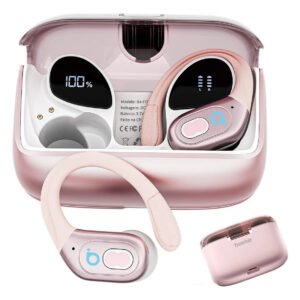Basike Fone De Ouvido Sem Fio Esportivo Bluetooth5.4 Tws, Corrida Gancho, À Prova D’água, Com Gan, Tela Led Dupla, Suporta Chamadas De Voz, Adequadas Para Android E Ios, Cor Rosa