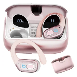 Fone de Ouvido Basike Bluetooth 5.4 TWS Corrida Gancho Rosa com estojo, LED, microfone e resistência à água