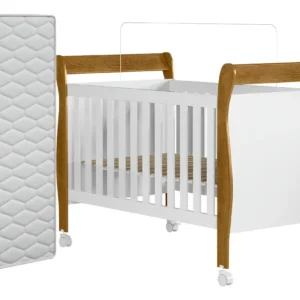 Berço Americano Slim 3 em 1 Branco Amadeirado Maxi do Brasil Vira Mini Cama com Colchão e Rodízios