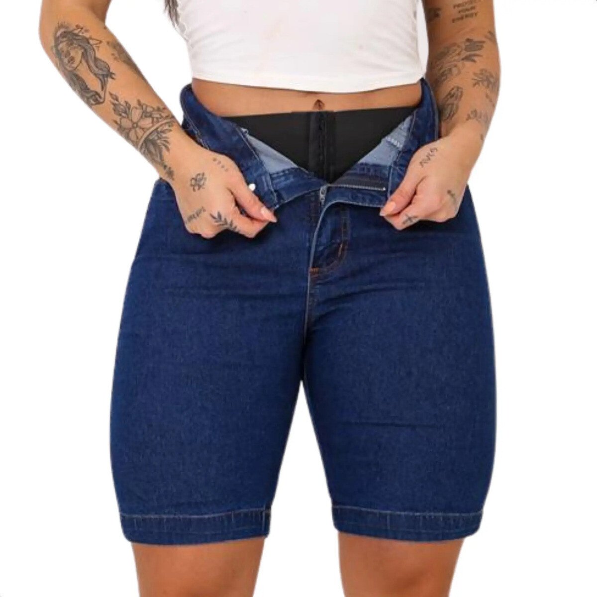 Bermuda Cinta Modeladora Feminina Jeans Cintura Alta Lipo Bermuda Cinta Modeladora Feminina Jeans Cintura Alta Lipo