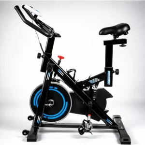 Bicicleta Spinning Mopower 2.0 preta e azul com roda de inércia 17kg e computador