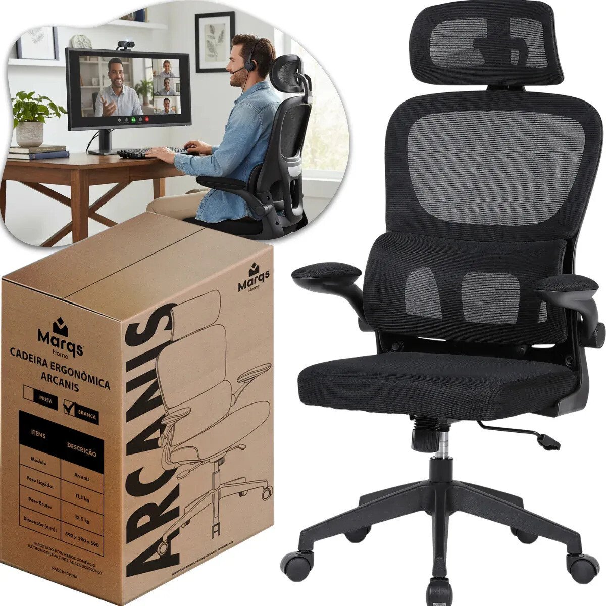 Cadeira Escritório Presidente Ergonômica Marqs Home Arcanis Preta Com Apoio Lombar E Encosto Em Mesh Preto Malha Cadeira … ........ ...
