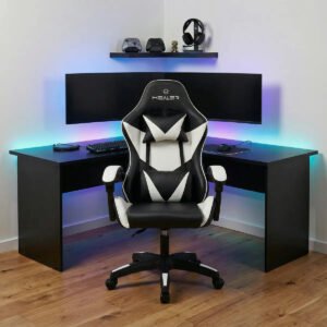 Cadeira Gamer Lancer Healer Preta e Branca Couro Sintético