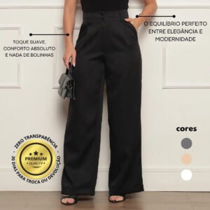 Calça Alfaiataria Feminina Wide Leg Social Cintura Alta