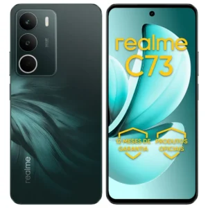 Smartphone Realme C73 128GB 4GB RAM Dual SIM 6000mAh na cor verde, vista frontal exibindo a tela vibrante