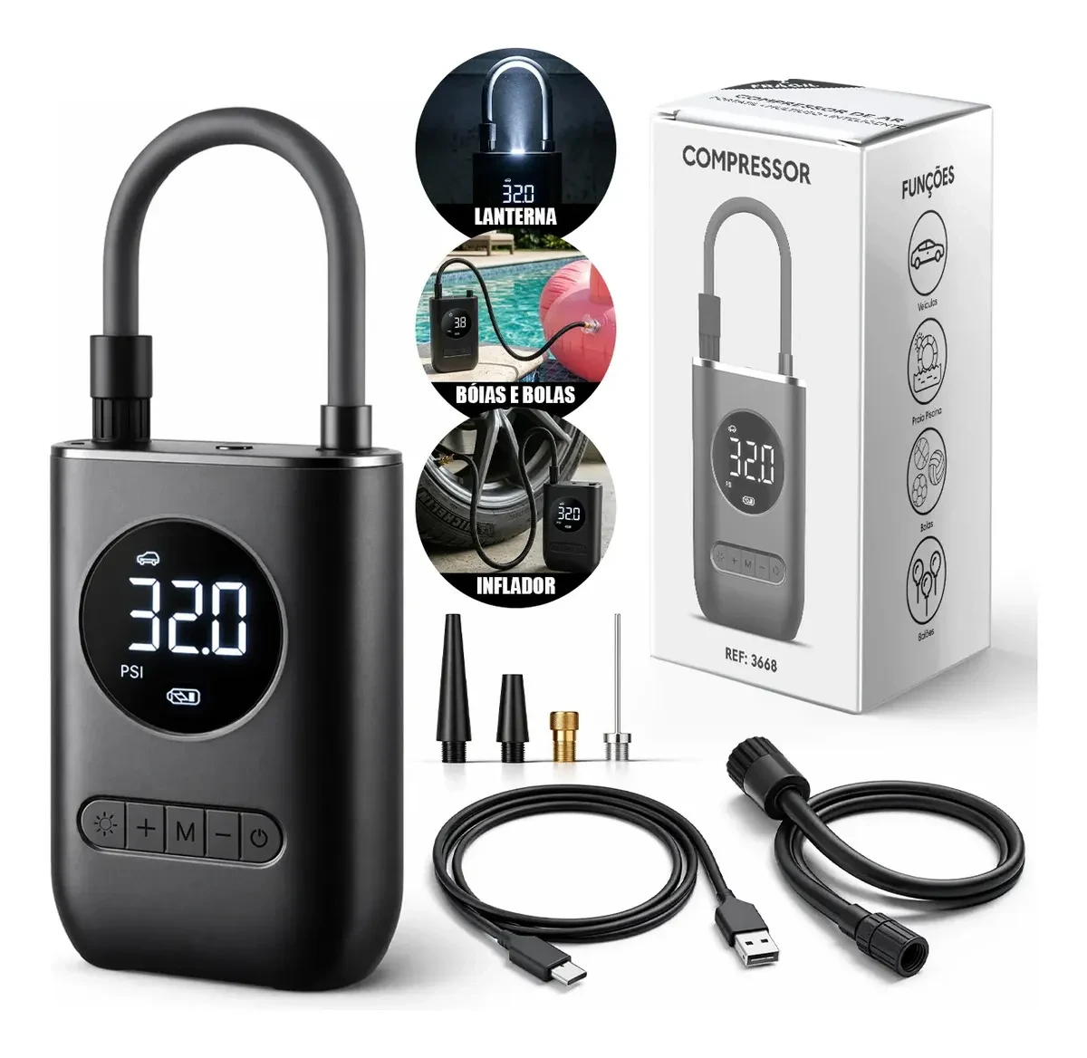 Compressor de Ar Digital Portátil Recarregável USB-C com Frete Grátis Compressor de Ar Digital Portátil Recarregável USB-C para Pneus de Bicicleta Moto Carro Bolas Infláveis Preto Lumi