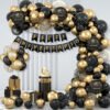 Conjunto Balões De Aniversário Pretos E Dourados Com Banner