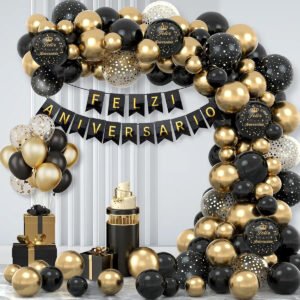 Conjunto Balões De Aniversário Pretos E Dourados Com Banner