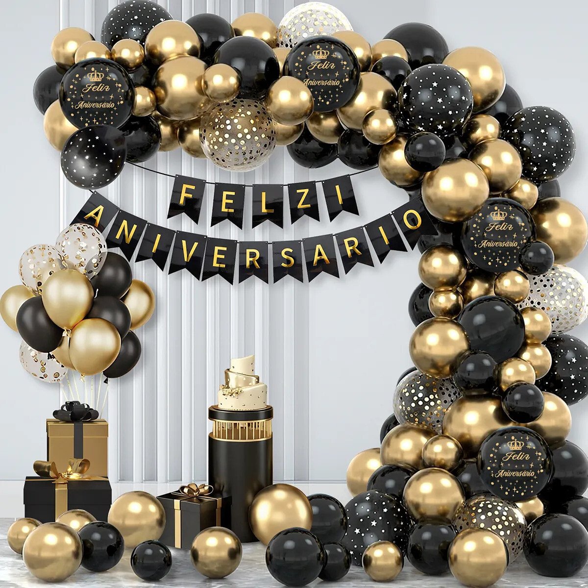 Conjunto Balões De Aniversário Pretos E Dourados Com Banner Conjunto Balões De Aniversário Pretos E Dourados Com Banner