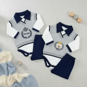 Conjunto Body Bebê Pagão Luxo RN Sv Baby Lar Menino Bordado 3 Peças Cinza