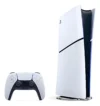 Console PlayStation 5 Slim Edição Digital 825GB Branco, controle DualSense branco, frente do console com parte preta e branca