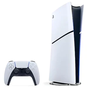 Console PlayStation 5 Slim Edição Digital 825GB Branco, controle DualSense branco, frente do console com parte preta e branca