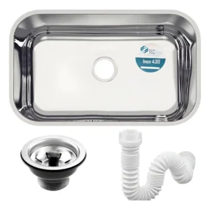 Cuba Pia Cozinha Inox 430 No2 56x34x14 Kit Válvula Sifão Brilhante